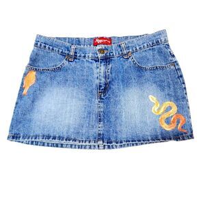 Vintage Y2K Jean Denim Skirt Painted Gold Snake Bird Butterfly Evil Eye Mini 7 M
